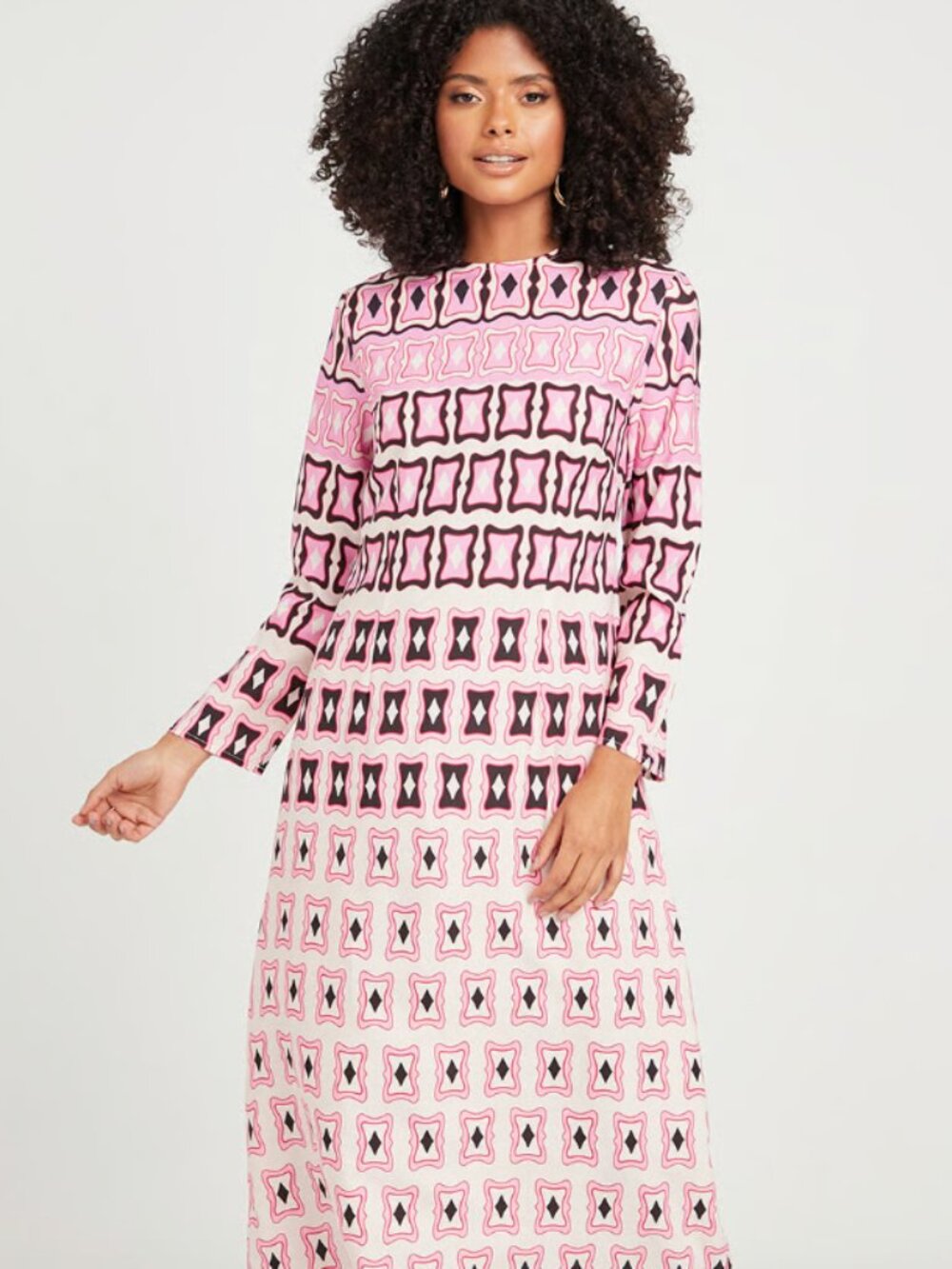 Zara Pink Black Retro Geometric Print Long Midi Dress Hippie Boho Shift Sz L
